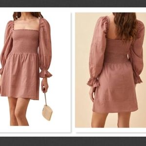 Reformation Dunes Long Puff Sleeve Smocked Mini Dress Praline Dusty Size  10